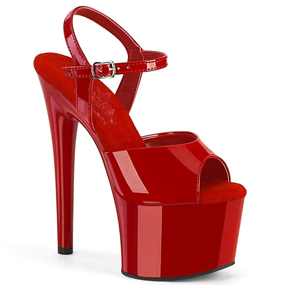 Pleaser Passion 709 7" Heel, 2 3/4" Red Patent Platform Ankle Strap Sandal